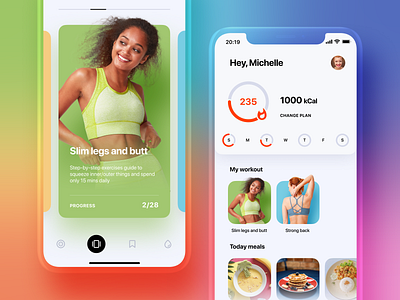 Fitness App Design app cards clean colors crisp dashboard fitness food fresh girls gradient icons mobile design training ui ux workout