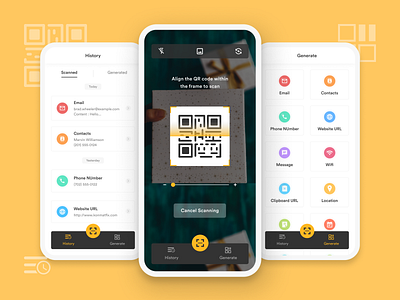 QR Scanner App app category clean ui concept design figma history listing minimal mobile qr code qr scanner scan generate scanner ui ux