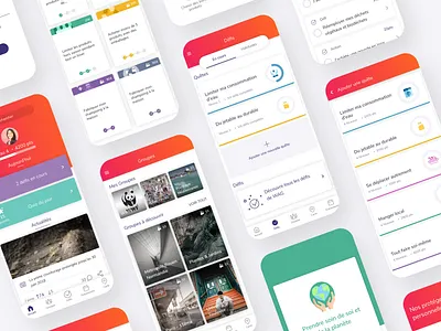Eco-friendly Lifestyle App - WAG - We Act for Good app cards challenge checkbox design feed footer groups illustration level list mobile navbar newsfeed playful profile progressbar search bar ui ux