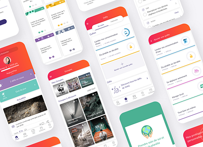 Eco-friendly Lifestyle App - WAG - We Act for Good app cards challenge checkbox design feed footer groups illustration level list mobile navbar newsfeed playful profile progressbar search bar ui ux