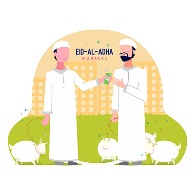 2 People sell and buy goat for celebrate Eid adha animal arab arabia background business buy cow market farm festival flat design flat people goat halal holiday holy islamic man market mubarak muslim