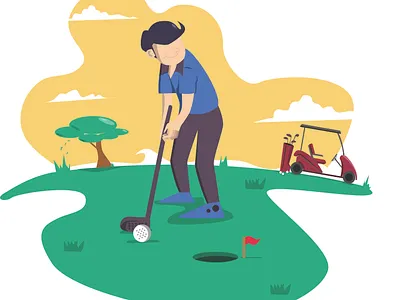 People on Golf Field in Summer activity bag ball boy bundle cart cartoon character club collection competition course design equipment field flag flat friend fun game