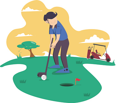 People on Golf Field in Summer activity bag ball boy bundle cart cartoon character club collection competition course design equipment field flag flat friend fun game