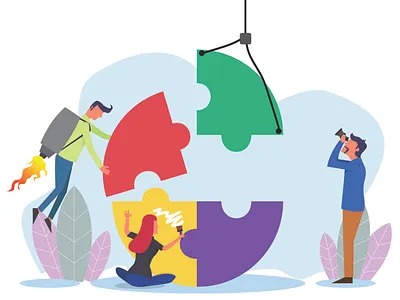 Teamwork and partnership background banner brainstorming building business businessman cartoon challenge collaboration communication concept connection consulting corporate creative creativity design development flat graphic