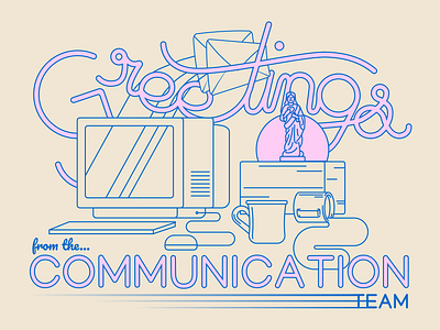 Comm. Team Postcard church coffee communication computer desk envelope greetings illustration monitor mug office paper pink postcard snail mail team type vector vectors