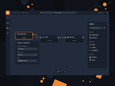 Node Editor - Web Design application black blue blueprint connection connector dark desktop graph grid minimal node orange script font scripting shapes tools visual visualization web