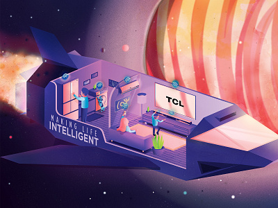 Make life intelligent branding design family gradient illustration isometric planets room space tcl technology vector vr