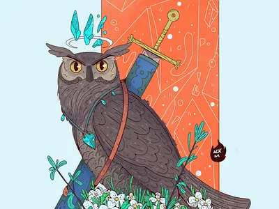 The Mighty Knight Owl art artwork character design color comission digital illustration drawing flowers illustration design knight owl procreate rpg sword