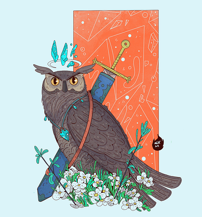 The Mighty Knight Owl art artwork character design color comission digital illustration drawing flowers illustration design knight owl procreate rpg sword