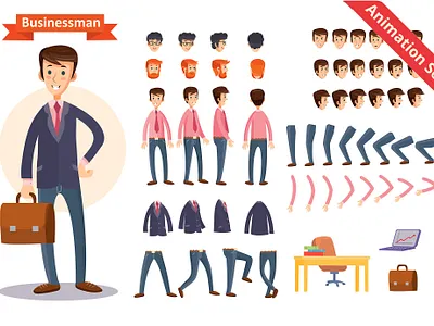 Businessman Vector Animation Set animation arm body business cartoon character creation design emotion face flat head illustration isolated male man people person set vector