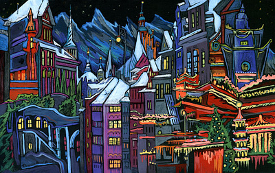 The city at night. The holiday began. acrylic painting art artwork city illustration cosmos design digitalart illustration traditional art