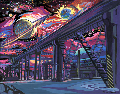 On the monorail to the stars. acrylic painting artwork color cosmos design illustration space spaceart traditional art