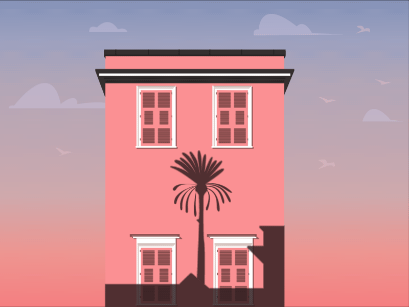 Pink Coconut animation building coconut tree design gif gif animation illustration pink sunset vector