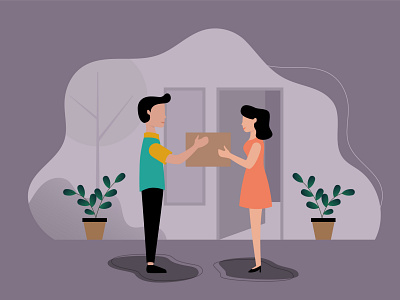 Courier give box package to customer background bike box business cardboard carry cartoon character city commerce concept courier deliver delivery design direction drive driver express fast