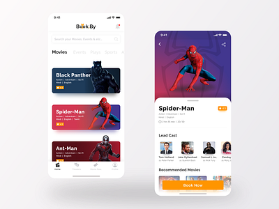 Mobile app - Movie Tickets Booking adobe app clean design icon illustration logo logodesign marvel mobile app movie movie app service app sketch spiderman theater design ticket booking ui ux