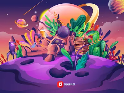 Astronaut Relaxing Illustration books branding character green hero image illustration challenge illustration design illustration digital moon nasa planet reading book rocket sky space study ui vector