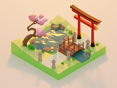 Low Poly - Spring in Japan 3d 3d art 3d illustration blender bridge illustration isometric isometric design japan japanese lamp lantern lighting lights low poly lowpoly pond sakura spring tree