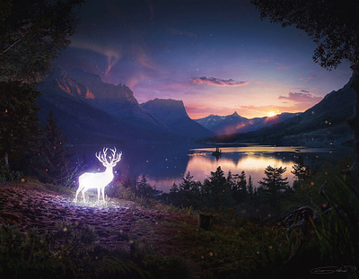 Nuit Blanche deer digital art mattepainting nature photomanipulation photoshop sunset surreal