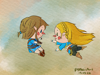 BOTW Zelda and Link in Awakening's Style colorful cute design digital fanart game illustration kawaii zelda