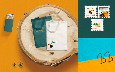 Tote Bags and Stamps | Toucan Shirt Co. beach behance brand design branding collateral geometric illustration green identity design logo design mockups tote bag toucan tropical typography yellow