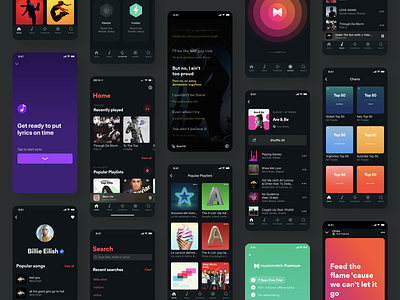 Musixmatch: Dark Mode ⬛ artist badge cards charts dark darkmode gamification ios lyrics mobile music paywall player player profile playlists premium search spotify streaming subscribe