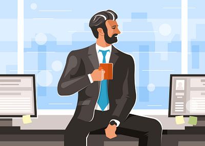 Businessman with a cup of coffee boss business businessman businesspeople busy coffee computer confidence confident contact desk fancy man manager office sitting smiling vector worker working