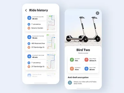 Electro scooter rent app app clean design details history ios map mobile rent rent rental rental app renting scooters ui white