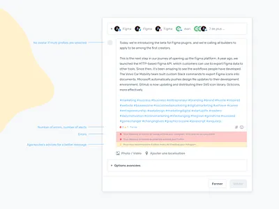 Agorapulse — Write a post 8pt 8px agorapulse clean compose crm design system error guide interface social network text ui ux write