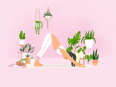 Plants, yoga and cat animal cat chien tête en bas girl girly girly illustration green illustrator pink plants procreate procreate app scene sport yoga yoga pose yogi