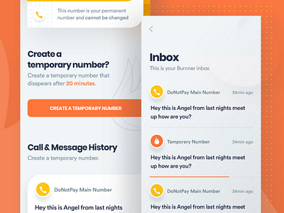 DoNotPay Burner Screen Preview call donotpay history inbox landingpage logs messages number text ui ux