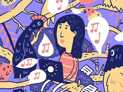 Editorial Illustration for Sumbittable annoy bird illustration music purple red stripes submittable woman