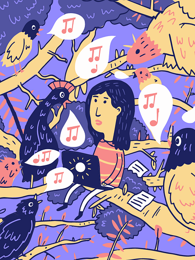 Editorial Illustration for Sumbittable annoy bird illustration music purple red stripes submittable woman