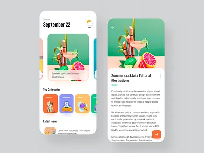 News app concept design app app design category feeds food fruit google illustraion interaction interface landing page mobile news newsapp newsfeed ui ux vector