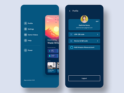 Smart Home - Profile and Side Navigation app design app ui drawer home automation ios profile profile card profile design profile page settings side drawer side menu side nav side navigation sidebar smart home ui ui design