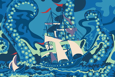 The Kraken illustration illustration art illustrator kraken ocotpus poster sea ship storm viking