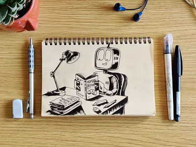 Leapfrog AI playbook artwork concept ai concept cover cover artwork droid illustration inking machine learning playbook reading robot sketch