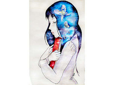 Secret space art artist artwork drawing drawing ink drawingart fantasy galaxy girl pastel colors traditional art watercolor watercolor art watercolors