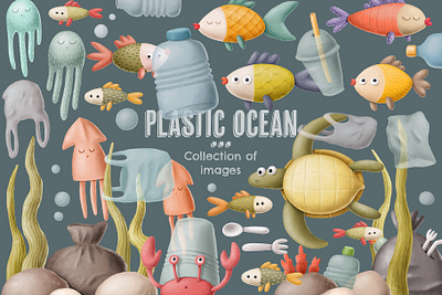 Collection if images on Creative Market cartoon character clipart design doodle earth ecology fish illustration low waste ocean planet plastic pollution seafood zerowaste