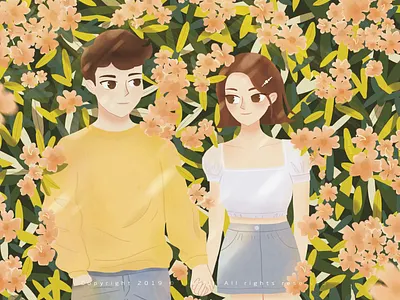 Good Night 情侣 手绘 插画 牵手 花 设计 阳光