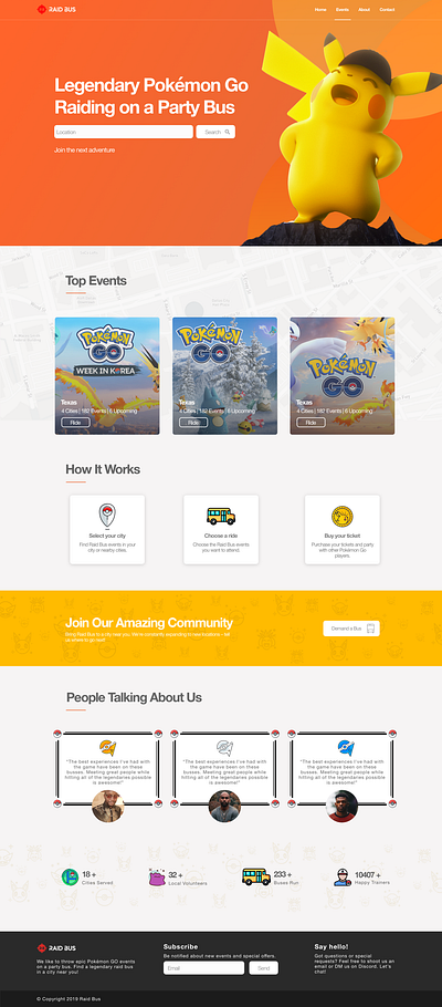 Pokemon Go Tours Website | Raid Bus events mobile orange pikachu pokeball pokemon pokemon go pokemongo pokémon sketch sketchapp tour tours web webdesign website website design yellow