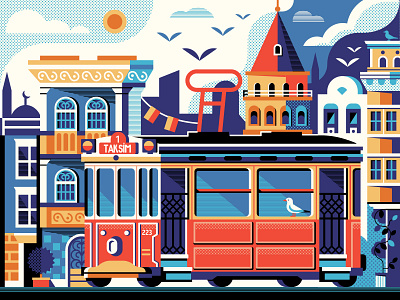 Istanbul Beyoglu District beyoglu card concept flat design galata galata tower historic illustration istanbul postcard poster red scene street tower tram tramway turkey