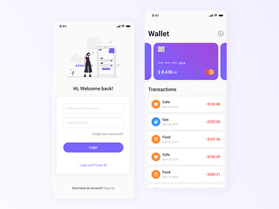 Mobile wallet app app application bank bank app card clean color design figma finance flat illustration minimal mobile app payment product design typography ui ux wallet