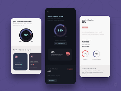 CRED 2.0 | Credit scrore app bar bottom sheet cards credit score dark theme educate finance fintech graph horizontal carousel icons mobile money pie progress refresh score meter stack tags