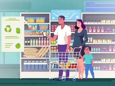 In the Market character design family flat food illustration man market products shop vector woman