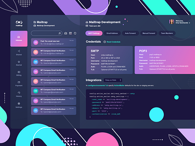 Mailtrap Dashboard Inbox SMTP Settings clean concept dark theme dark ui dashboad design graphic icon interface lilac ui vector vivid