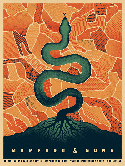 Mumford & Sons Phoenix, AZ Poster crops dan kuhlken delta dkng dkng studios farm farmland geometric illustration mumford and sons nathan goldman ocean poster river screen print silkscreen snake vector