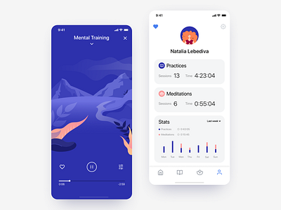 Meditation iOS app - Practice and Profile screens illustrations meditation app mental health mobile app relaxing app ui ui kit ux