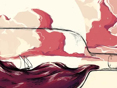 Le navi son partite 50 morsi alla luna adventure childrens illustration clouds digital illustration drawing editorial illustration illustration mannarino moon moonshine ocean red sailing sea ship sky stars wine wine bottle