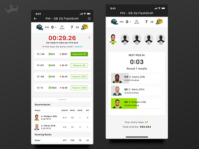 DraftKings FlashDraft card draft fantasy football game sports ui ux