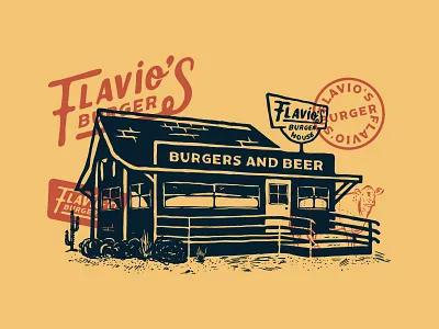 Flavio's Burger adobe badge beer branding burger classic country design illustration logo menu packaging restaurant texas western